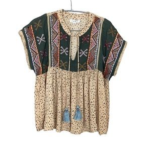 THML Small Boho Flowy Baby Doll Animal Print Dolma Sleeve Embroidered Top